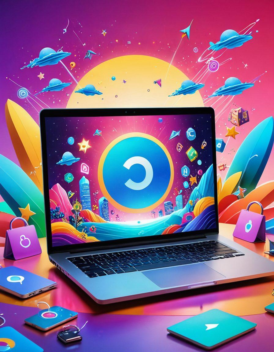 A vibrant digital landscape featuring an open laptop with sparkling icons of safe browsing, enveloped by colorful locks symbolizing security. In the background, an abstract representation of the internet flows freely, showcasing joyful characters surfing through a rainbow-hued cyberspace. Bright colors and whimsical designs enhance the sense of adventure and safety in browsing. super-realistic. vibrant colors. 3D.