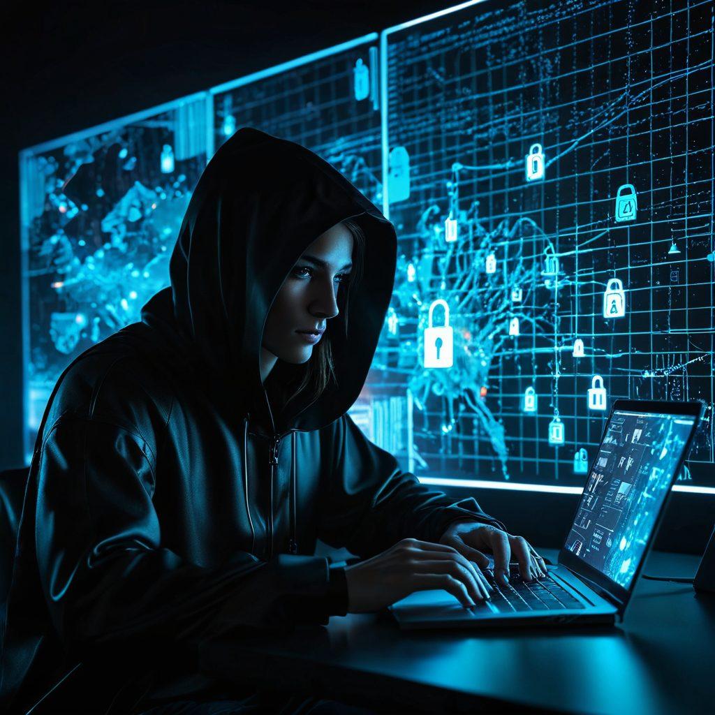 A modern, sleek computer screen displaying an encrypted connection, surrounded by dynamic digital security icons like padlocks and shield symbols. A shadowy figure, representing anonymity, is sitting behind the screen, cloaked in a hood. The background features a digital network grid to convey the concept of secure browsing. neon colors and abstract shapes create a sense of high-tech sophistication. cyberpunk style. vibrant colors.